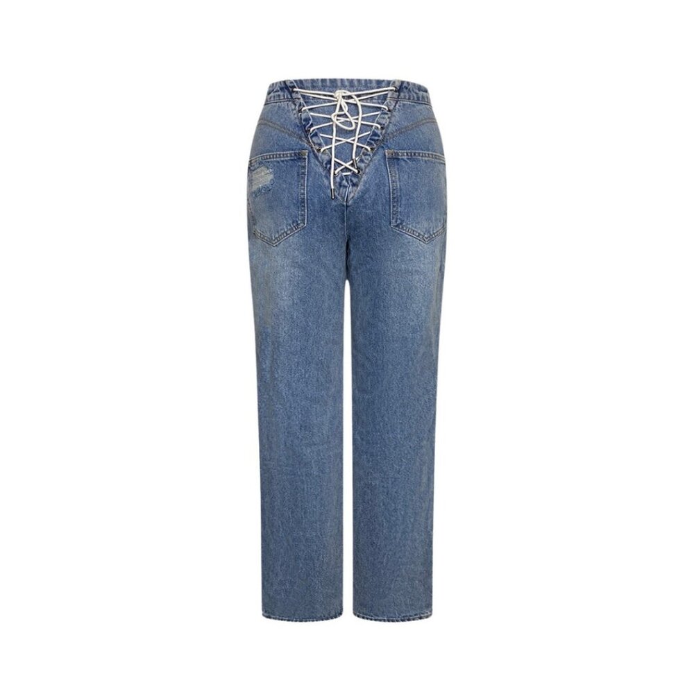 Le Lis Medium Blue High-Waisted Straight Leg Jeans White Lace-Up Back Detail